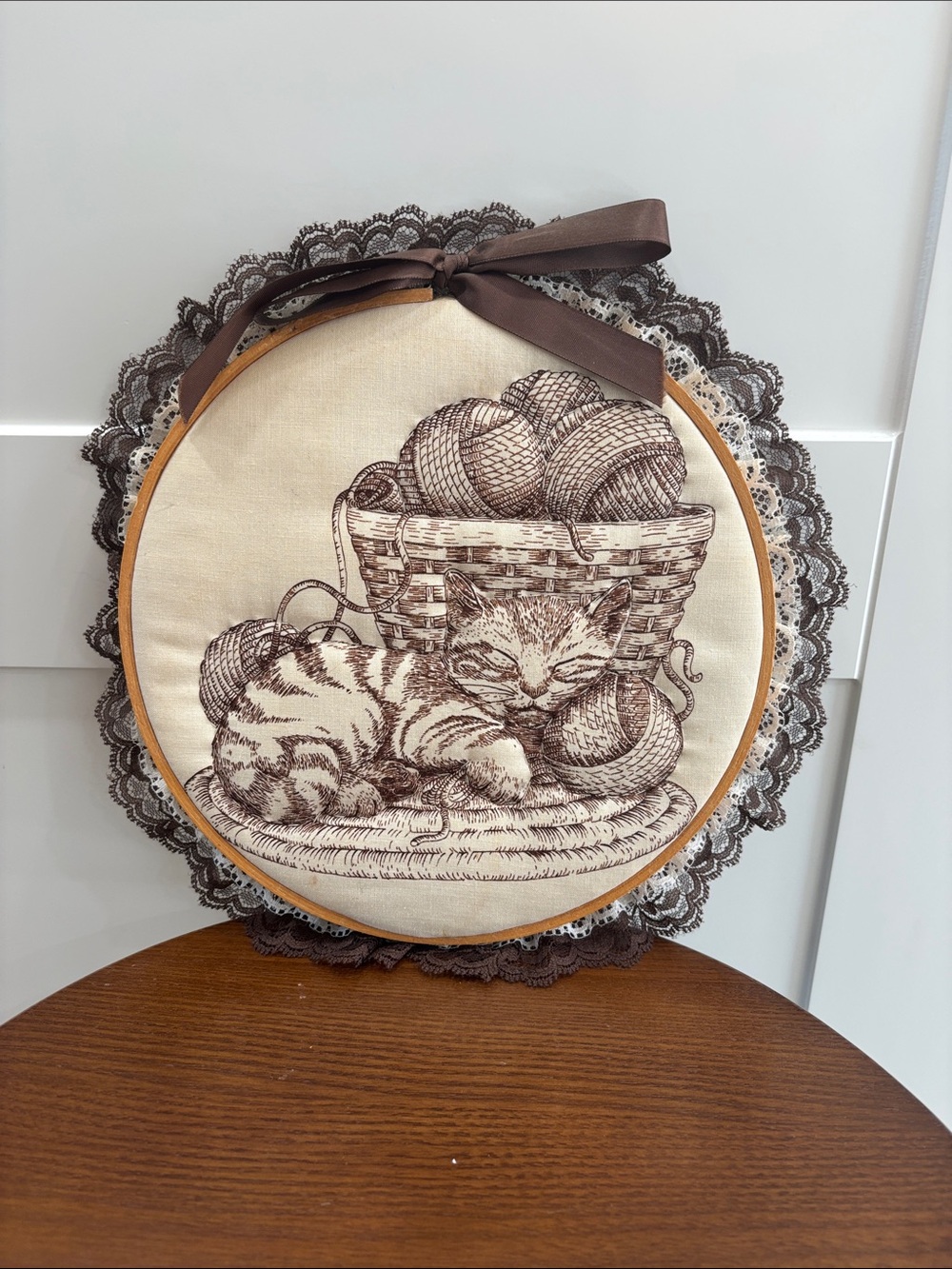 Embroidered Sleeping Cat Hoop Art in Brown